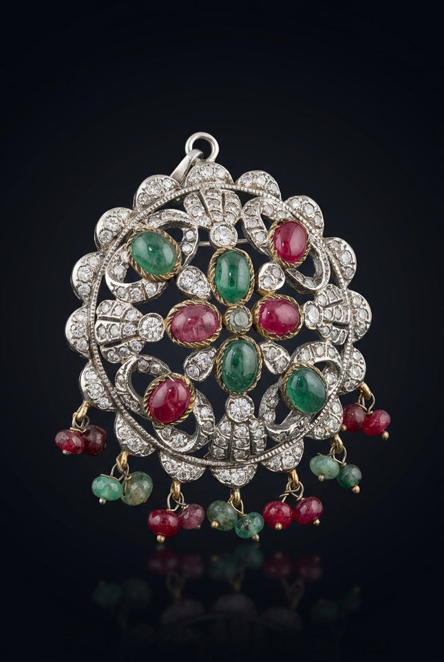 Brooch - Silver, Green, Red, Clear ornate circular with dangles - angle