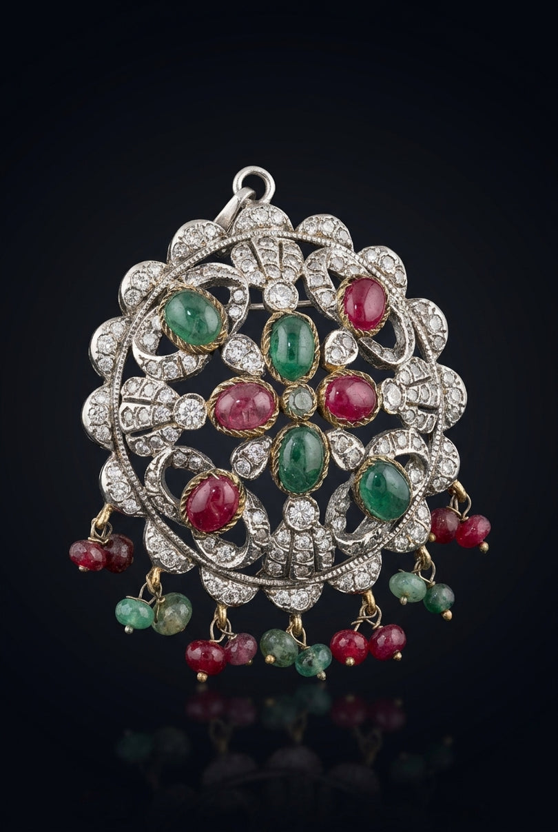Brooch - Silver, Green, Red, Clear ornate circular with dangles - angle