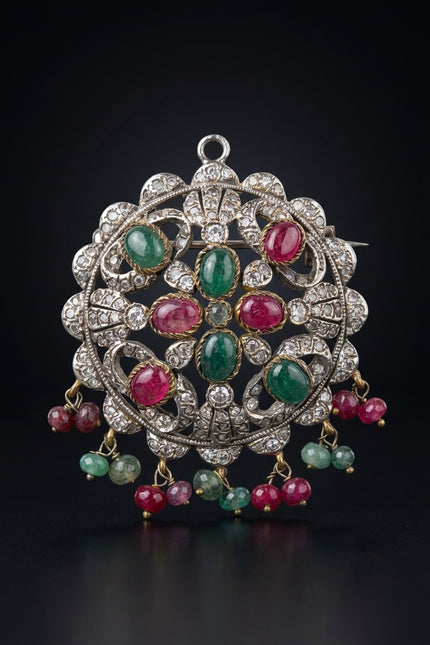 Brooch - Silver, Green, Red, Clear ornate circular with dangles - front