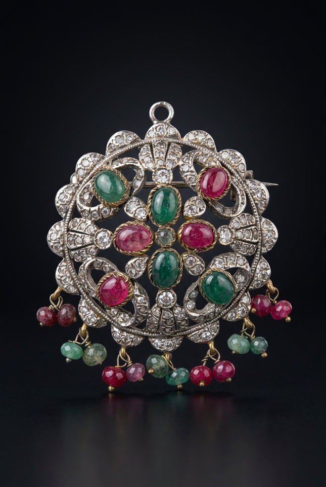 Brooch - Silver, Green, Red, Clear ornate circular with dangles - front