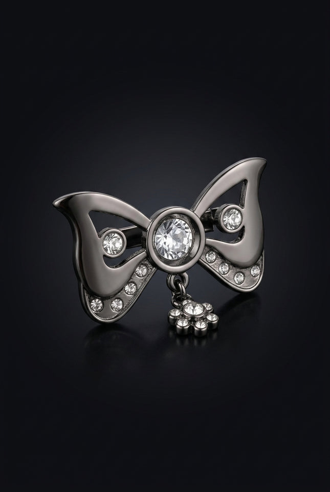 Brooch - Gunmetal bow_with_dangling_flower_charm - angle