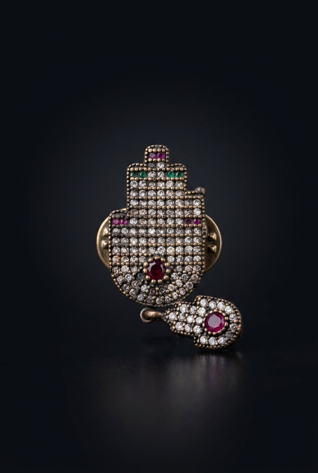 Brooch - Dark Metal, Clear, Red, Green Stones hamsa hand - front
