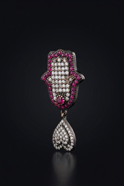 Brooch - Fuchsia hamsa_hand_heart - angle