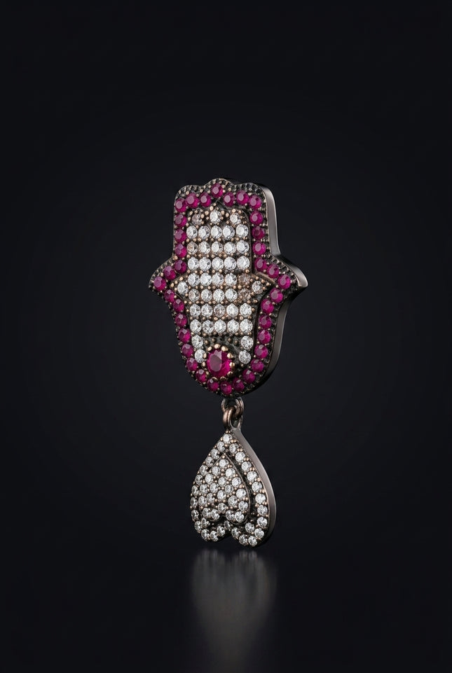 Brooch - Fuchsia hamsa_hand_heart - angle