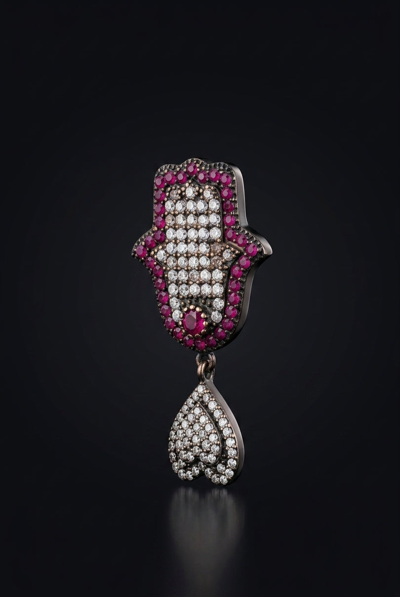 Brooch - Fuchsia hamsa_hand_heart - angle