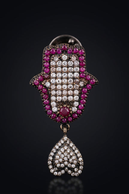 Brooch - Fuchsia hamsa_hand_heart - front