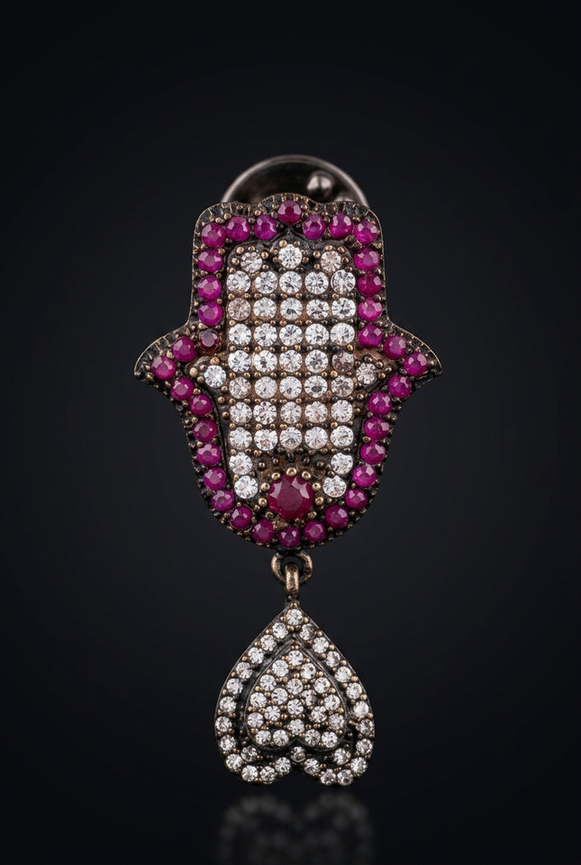 Brooch - Fuchsia hamsa_hand_heart - front