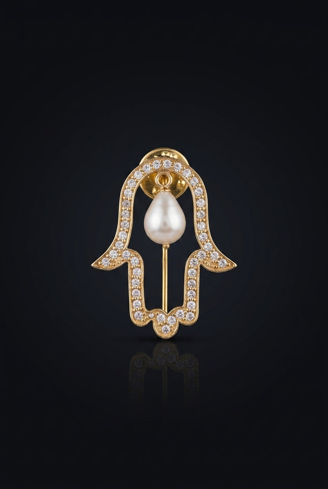 Brooch - Gold hamsa hand with pearl - front