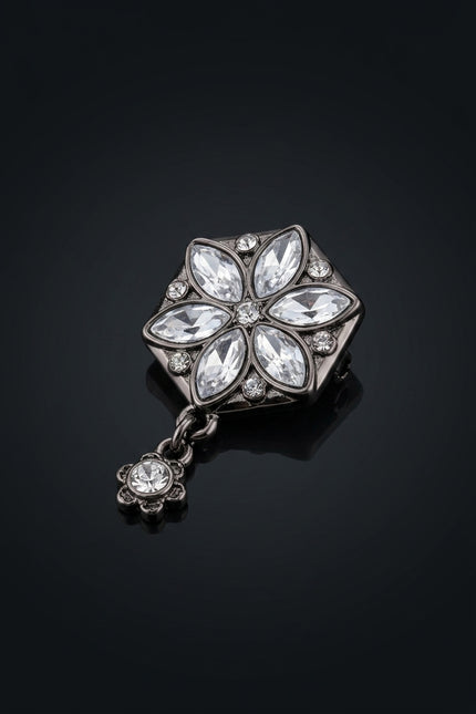 Brooch - Dark Silver, Clear Stones hexagonal floral - angle