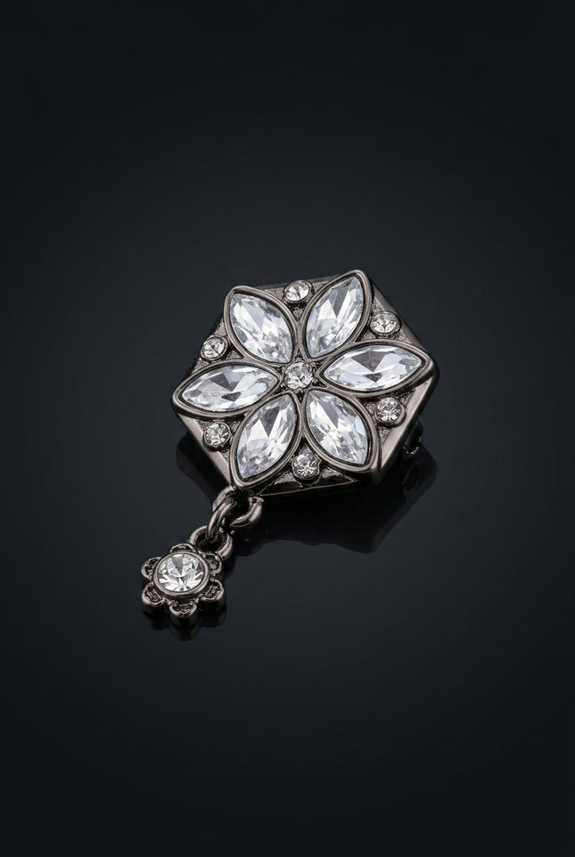 Brooch - Dark Silver, Clear Stones hexagonal floral - angle