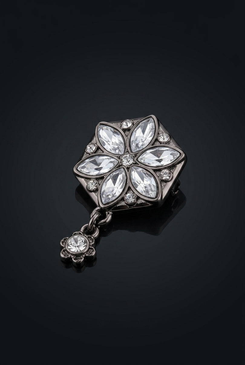 Brooch - Dark Silver, Clear Stones hexagonal floral - angle