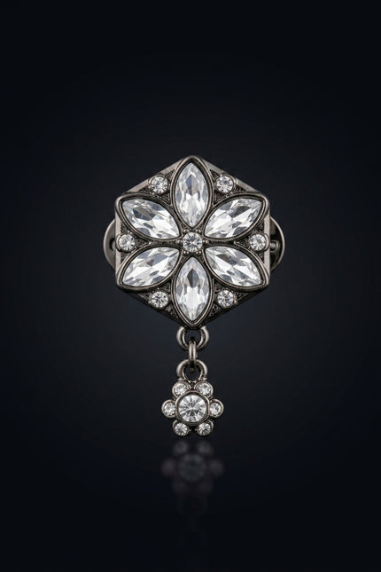 Brooch - Dark Silver, Clear Stones hexagonal floral - front