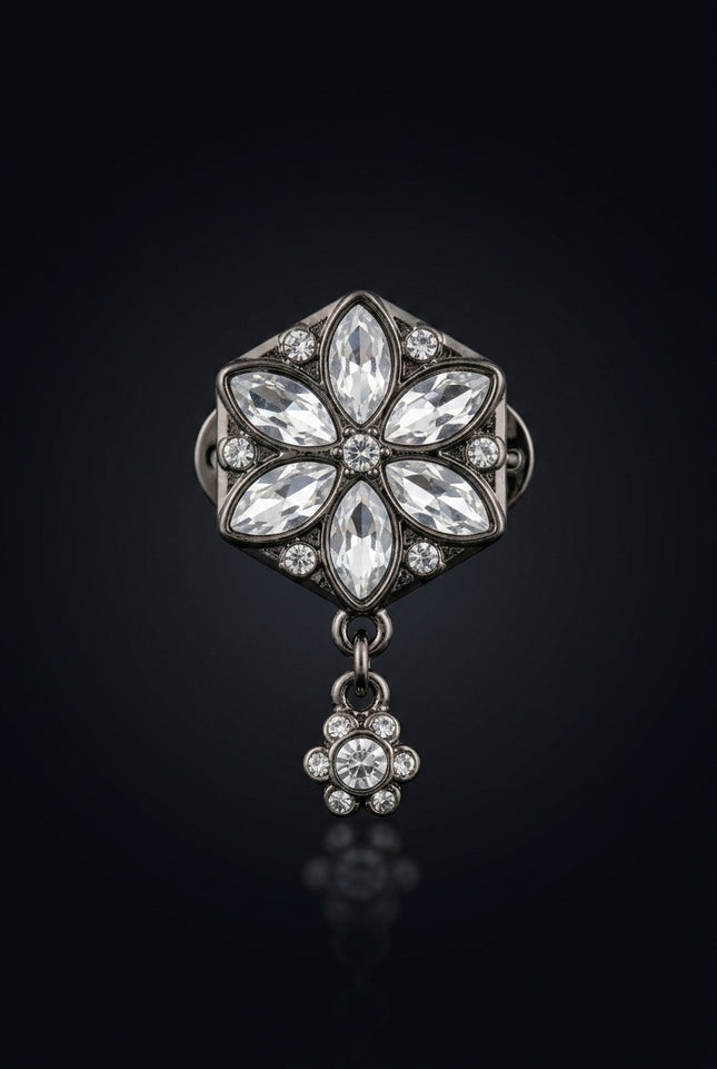 Brooch - Dark Silver, Clear Stones hexagonal floral - front
