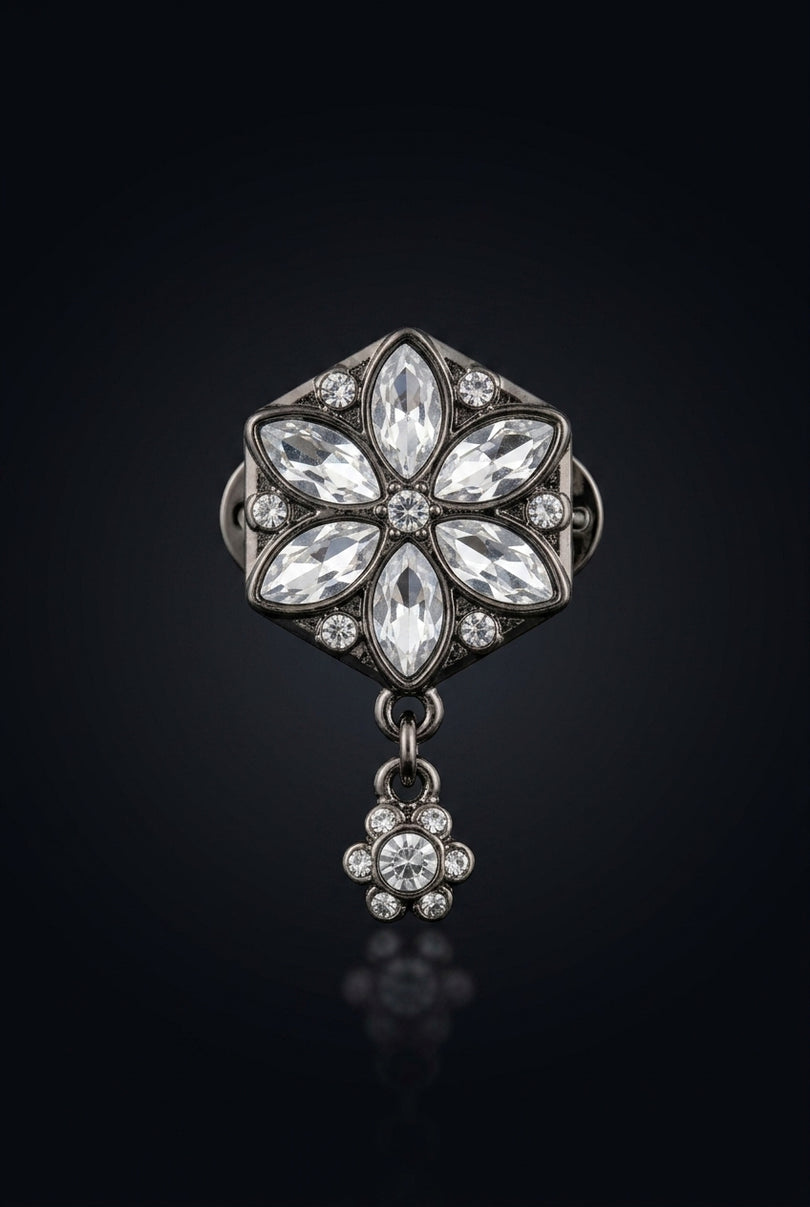 Brooch - Dark Silver, Clear Stones hexagonal floral - front