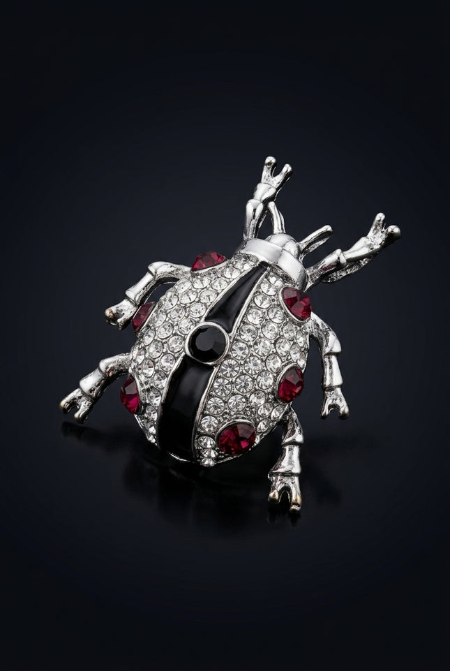 Brooch - Silver, Clear, Dark Red, Black beetle shape - angle