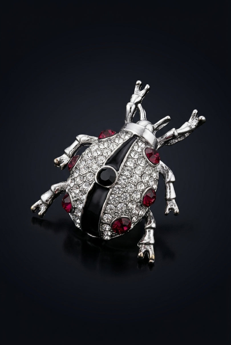 Brooch - Silver, Clear, Dark Red, Black beetle shape - angle