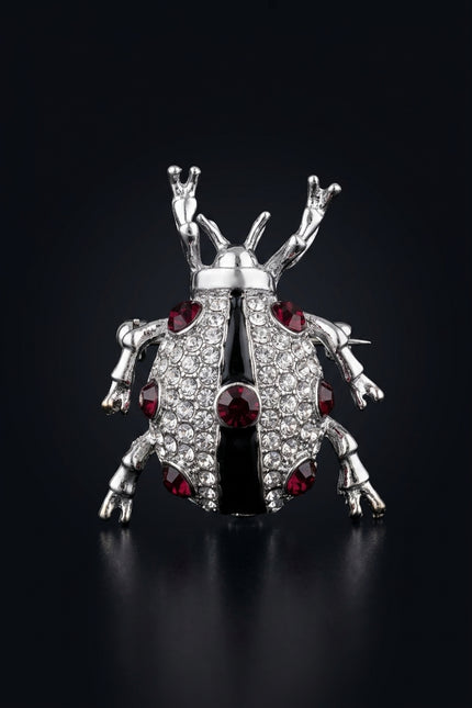 Brooch - Silver, Clear, Dark Red, Black beetle shape - front