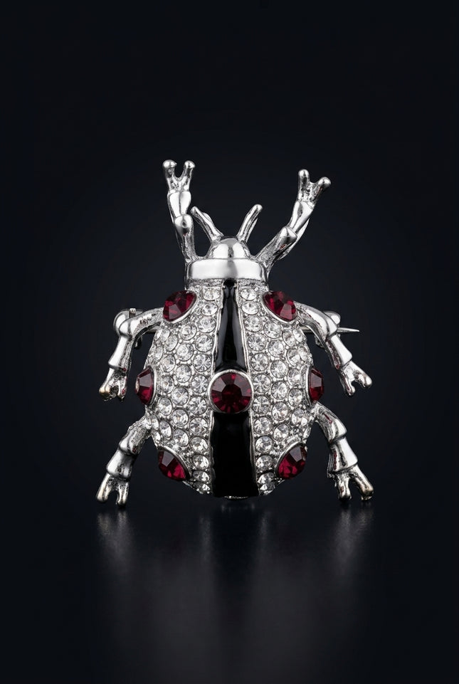 Brooch - Silver, Clear, Dark Red, Black beetle shape - front