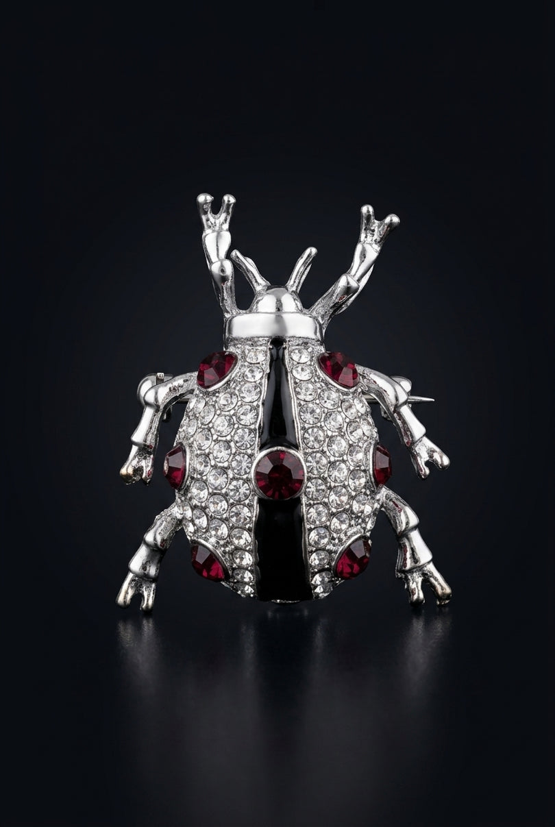 Brooch - Silver, Clear, Dark Red, Black beetle shape - front