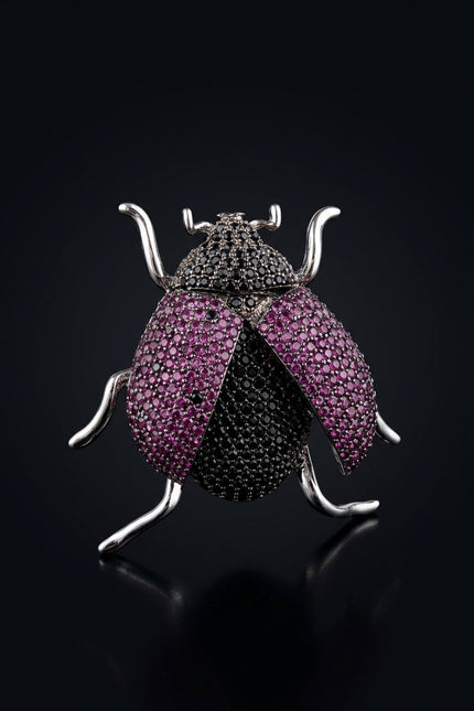 Brooch - Black, Magenta, Silver beetle-shaped - angle
