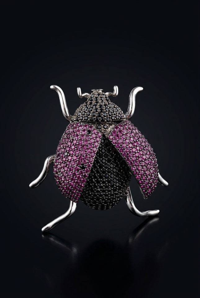 Brooch - Black, Magenta, Silver beetle-shaped - angle