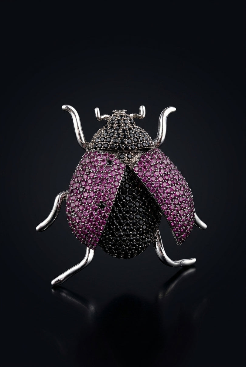 Brooch - Black, Magenta, Silver beetle-shaped - angle