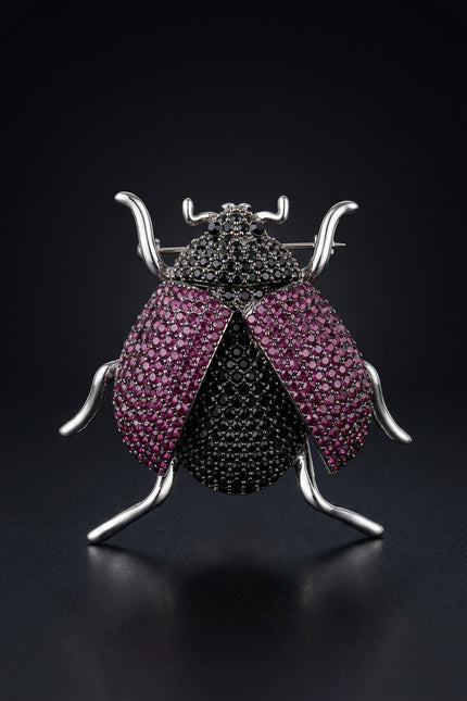 Brooch - Black, Magenta, Silver beetle-shaped - front