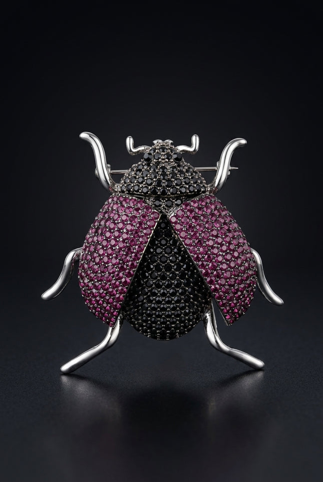 Brooch - Black, Magenta, Silver beetle-shaped - front