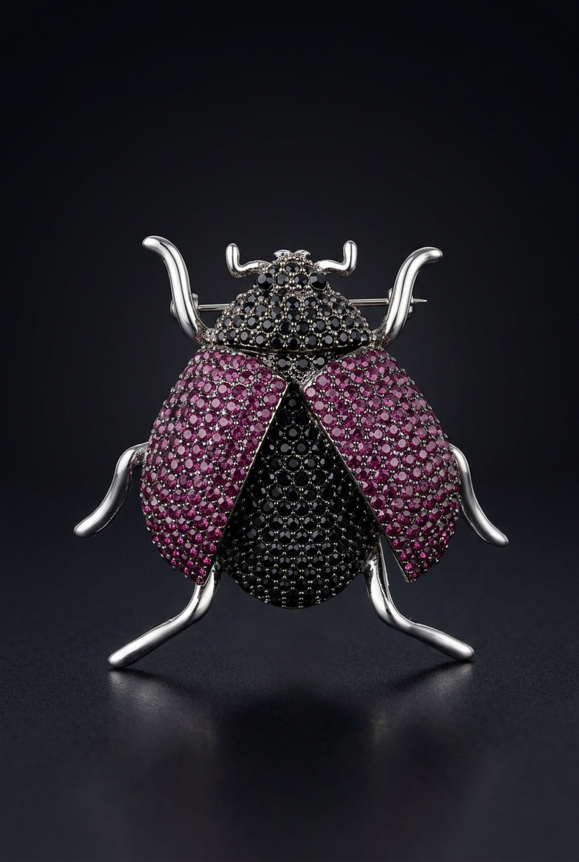 Brooch - Black, Magenta, Silver beetle-shaped - front