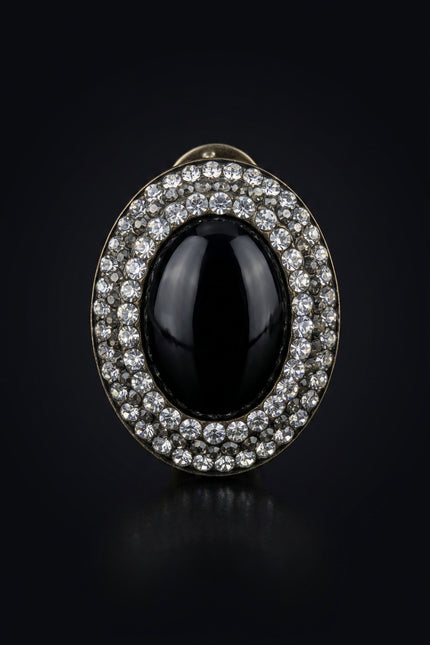 Brooch - Black, Clear, Gold oval - front