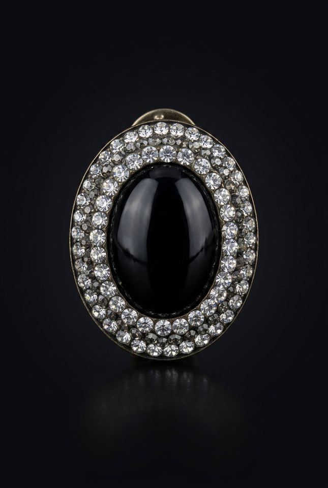 Brooch - Black, Clear, Gold oval - front