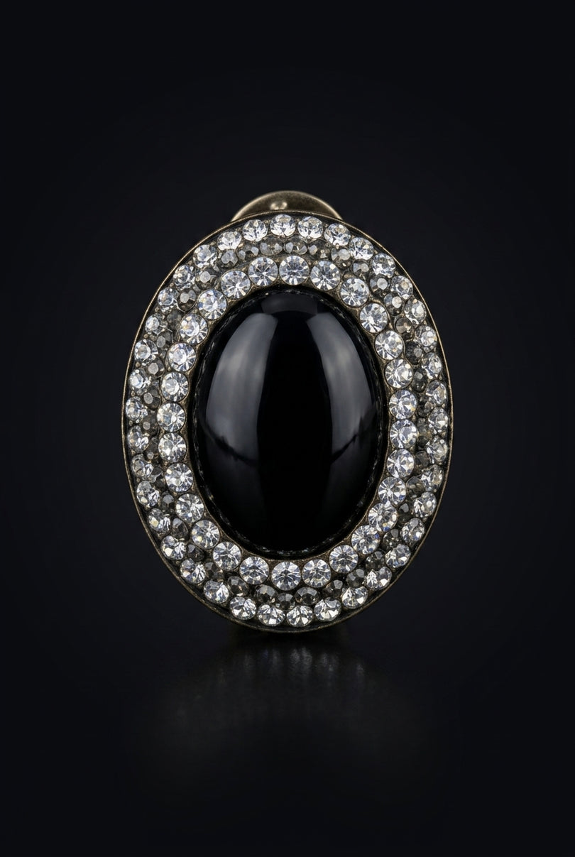 Brooch - Black, Clear, Gold oval - front