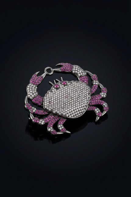 Brooch - Black, Silver, Magenta Crab - angle