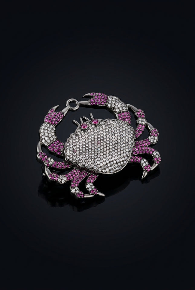 Brooch - Black, Silver, Magenta Crab - angle