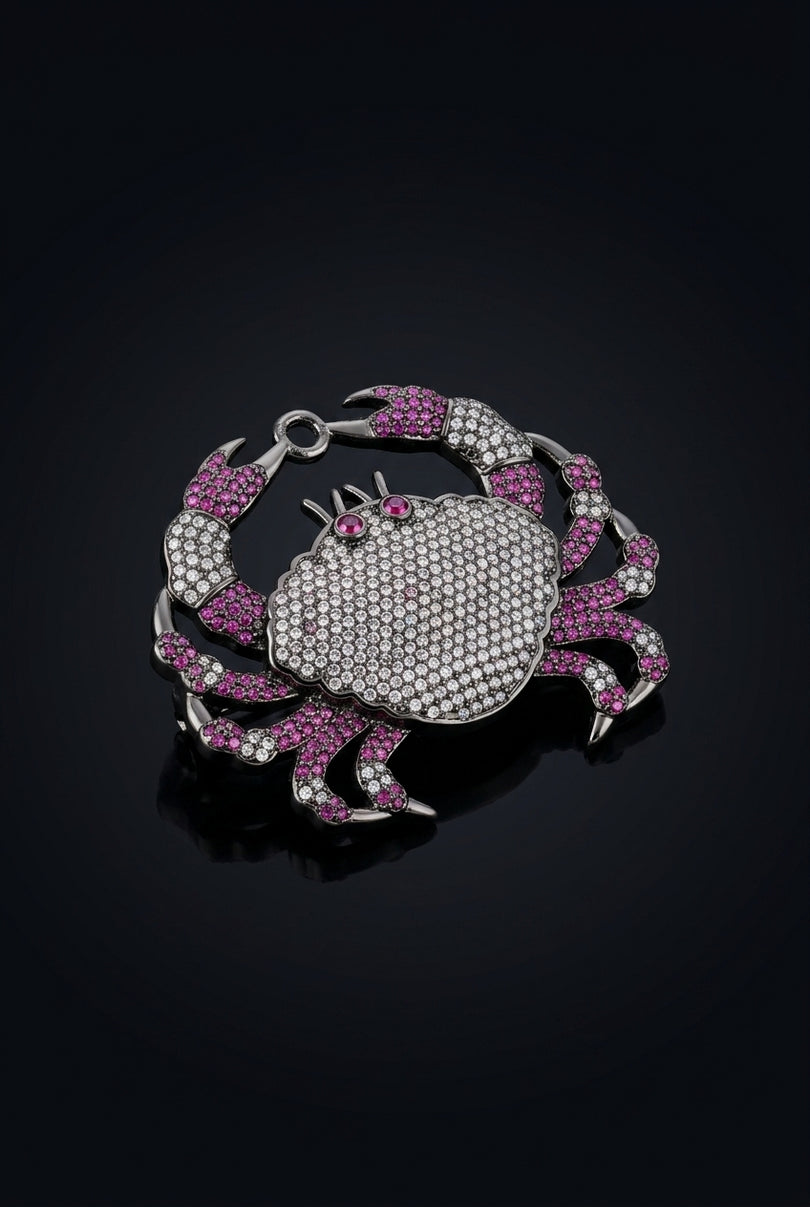 Brooch - Black, Silver, Magenta Crab - angle