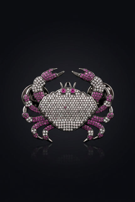 Brooch - Black, Silver, Magenta Crab - front