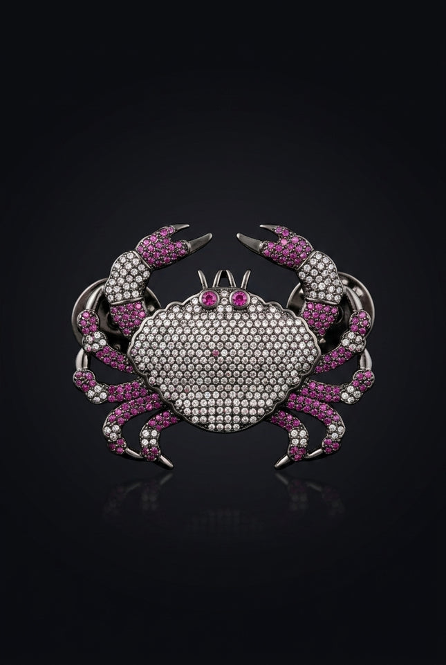 Brooch - Black, Silver, Magenta Crab - front