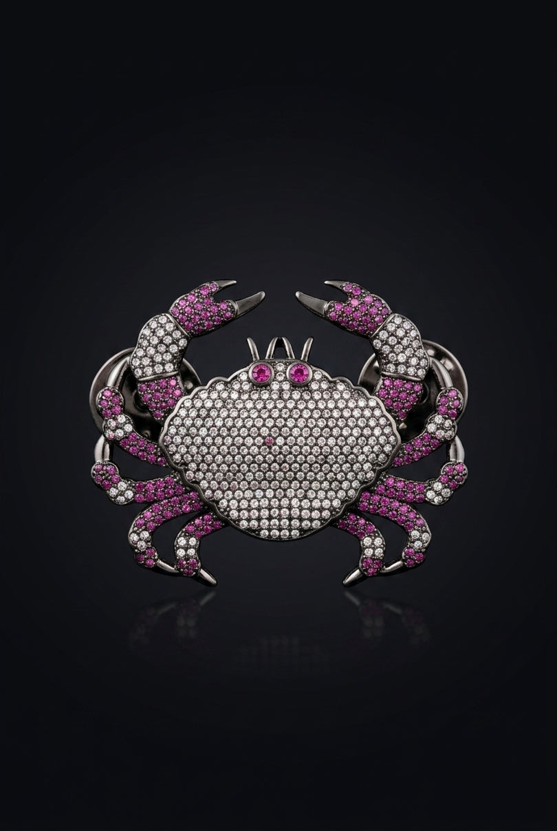 Brooch - Black, Silver, Magenta Crab - front