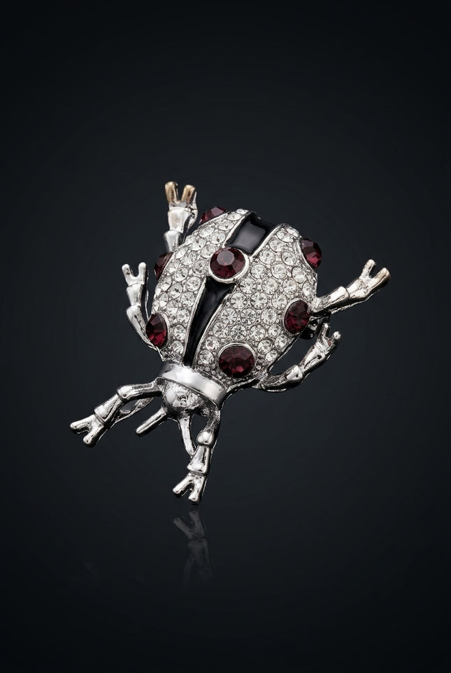 Brooch - Silver, Clear, Red bug-shaped - angle