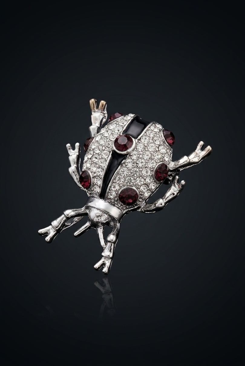 Brooch - Silver, Clear, Red bug-shaped - angle
