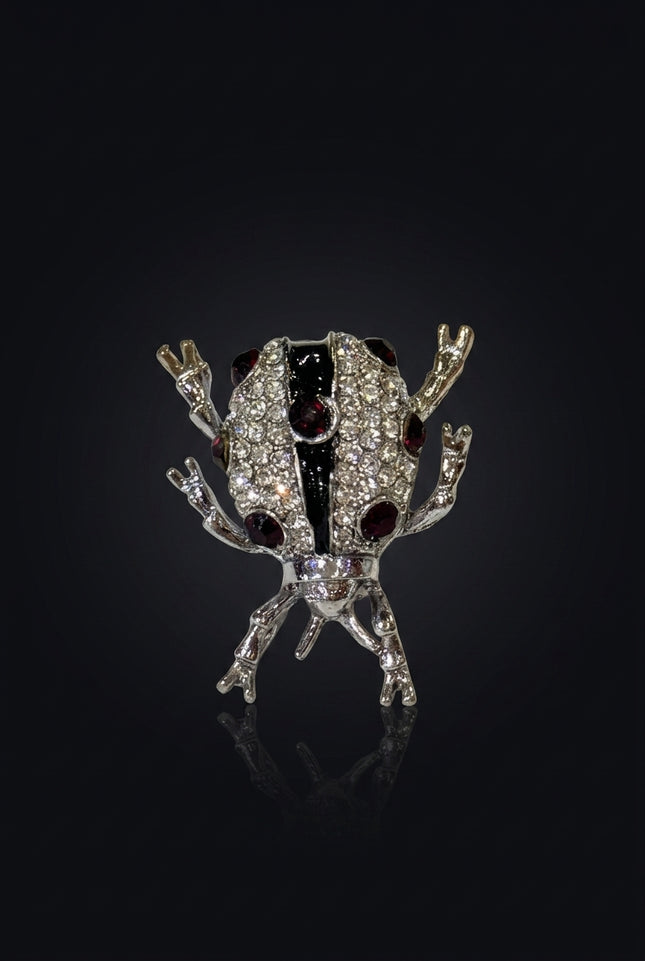 Brooch - Silver, Clear, Red bug-shaped - front