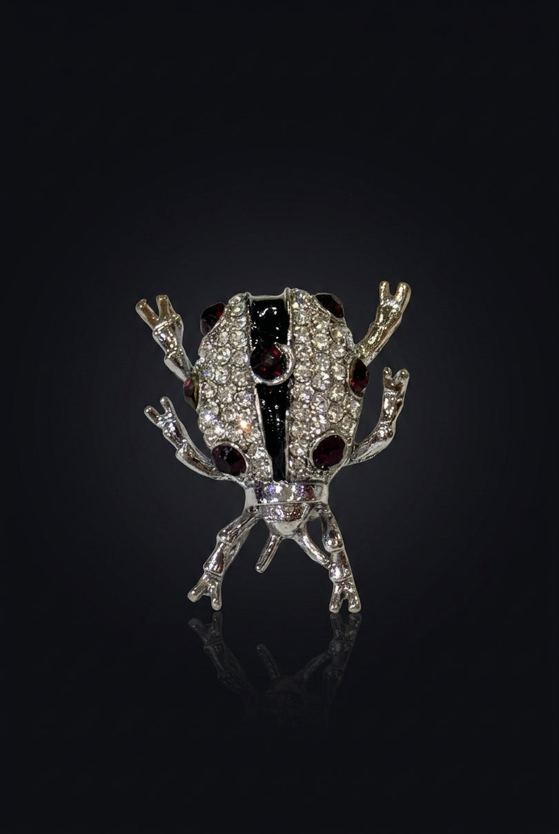 Brooch - Silver, Clear, Red bug-shaped - front