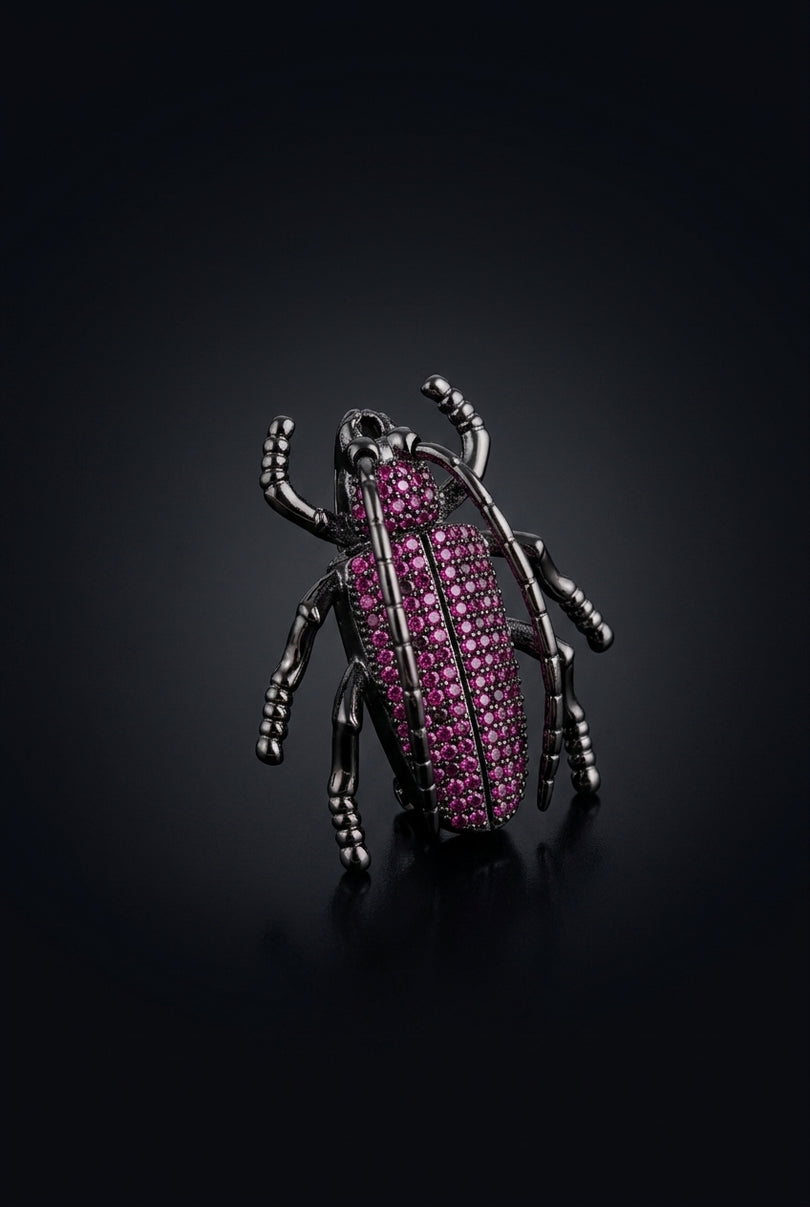 Brooch - Black Magenta beetle - angle