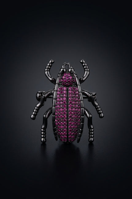 Brooch - Black Magenta beetle - front