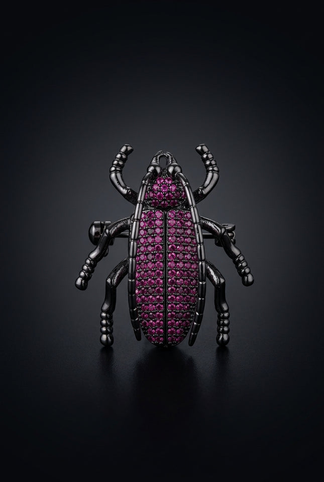 Brooch - Black Magenta beetle - front
