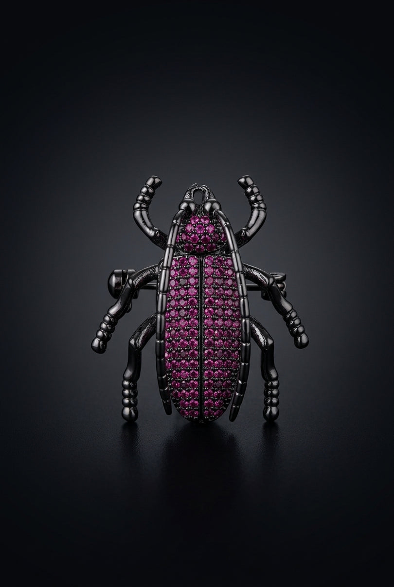 Brooch - Black Magenta beetle - front