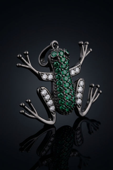 Brooch - Black, Green, Clear frog shaped - angle