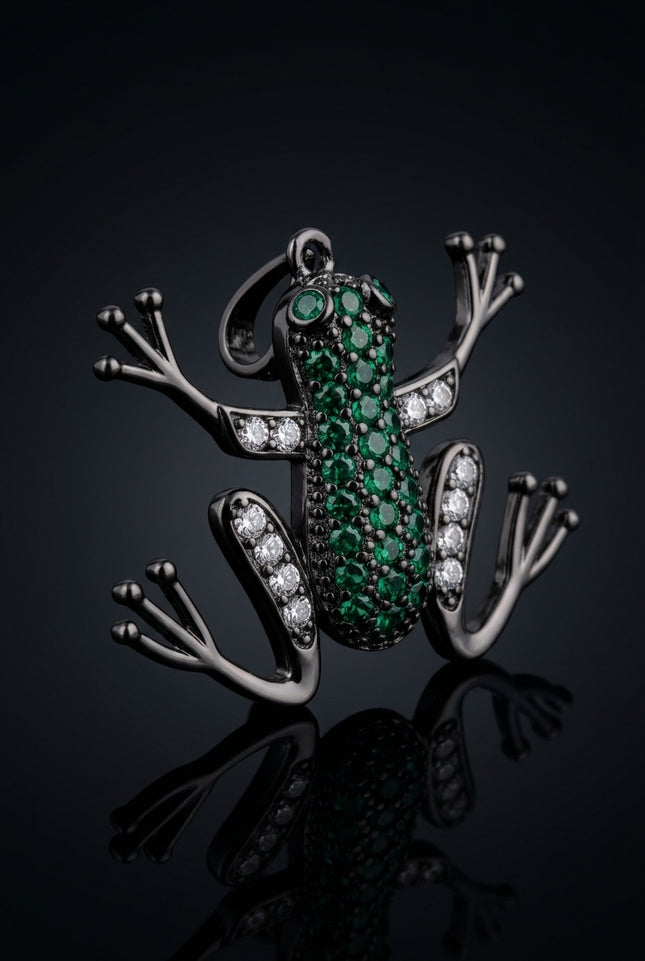 Brooch - Black, Green, Clear frog shaped - angle