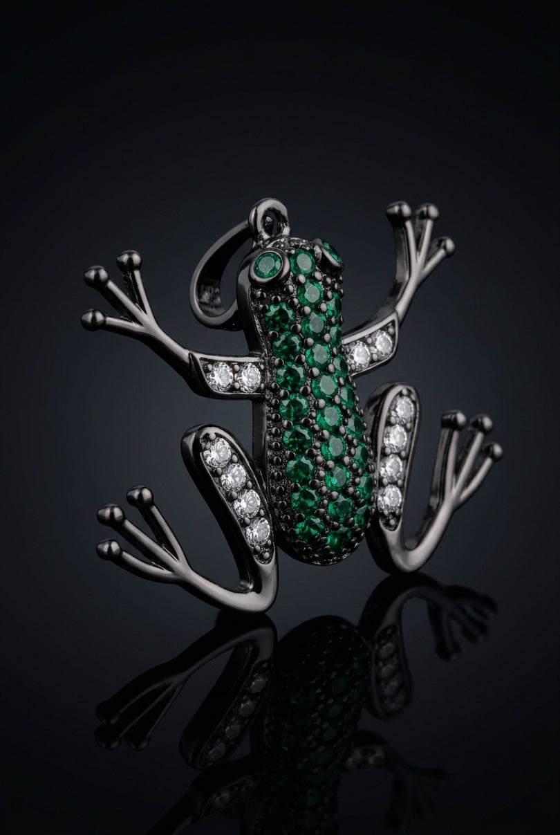Brooch - Black, Green, Clear frog shaped - angle