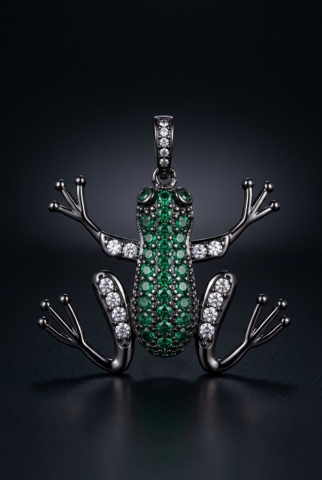 Brooch - Black, Green, Clear frog shaped - front